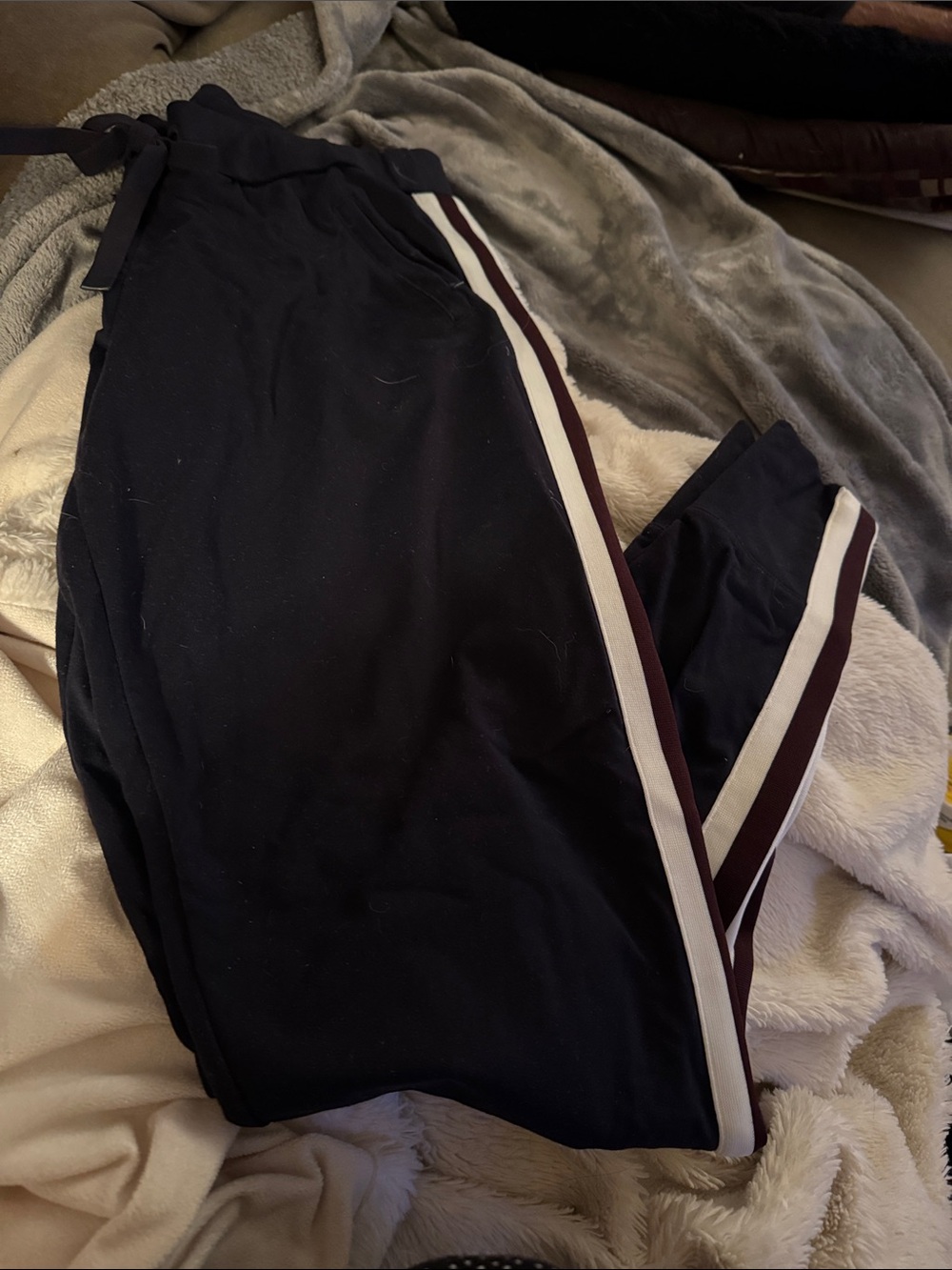 Athleta Black Leggings with White and Maroon Side Stripes